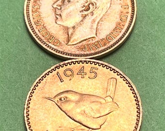 May include: A copper-colored British farthing coin from 1945. The coin features a wren on the back and a portrait of King George VI on the front.