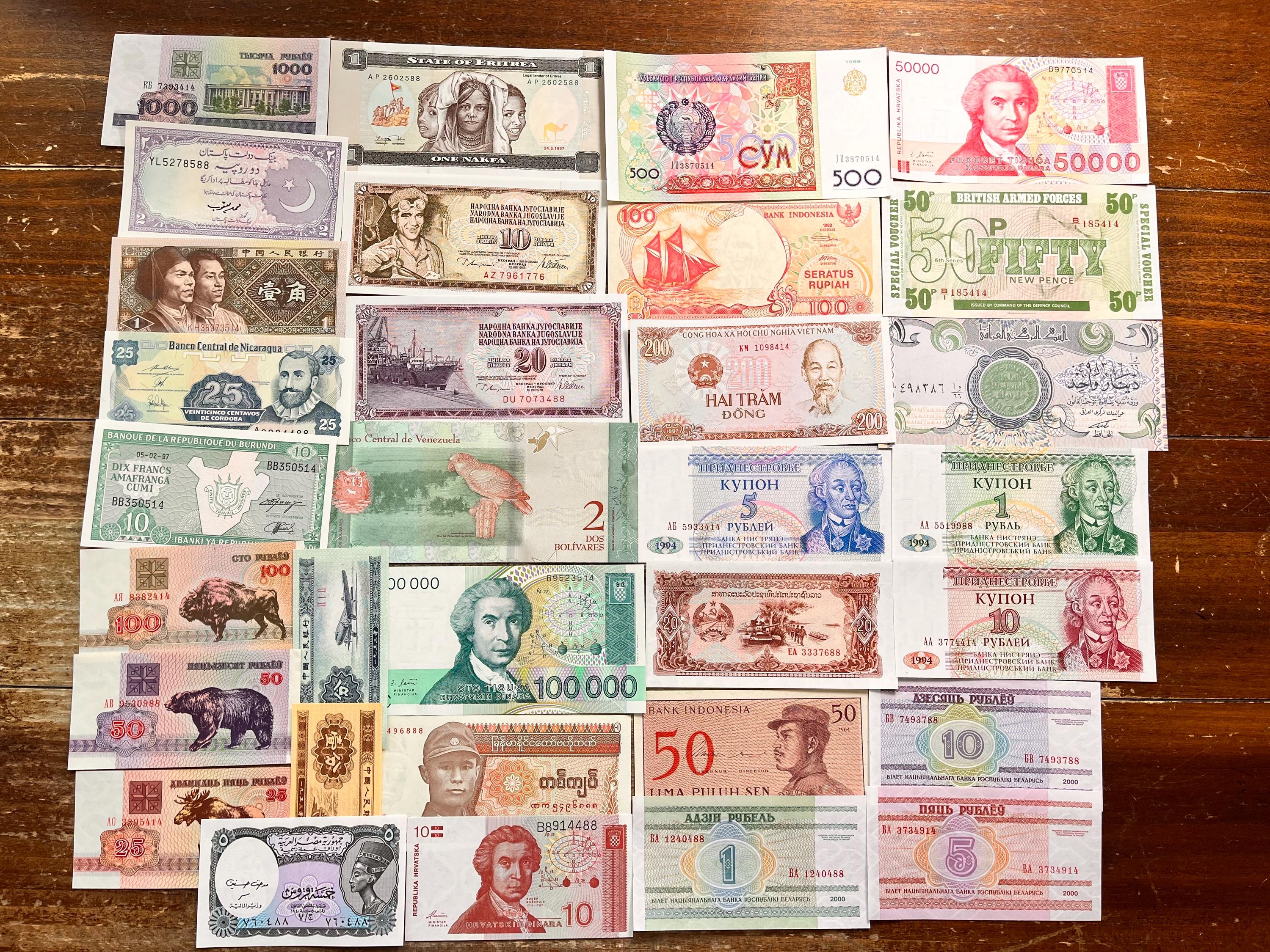 UNCIRCULATED Sets of INDEXED Assorted World Banknotes (CHOOSE 25