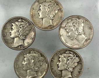 5 (or 10) Uniquely Dated Old U.S. Silver Liberty Head &quot;Mercury&quot; Dimes (1916-1945)!