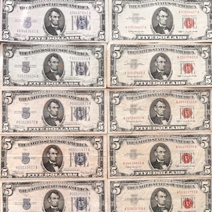 Vintage Five Dollar DUO—One BLUE and One RED Seal Lincoln Banknote!