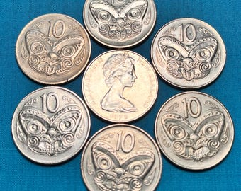 7 Māori Face Mask Carving New Zealand 10 Cent Queen Elizabeth II Coins (See Pictures)—Limited Availability/FREE Shipping!