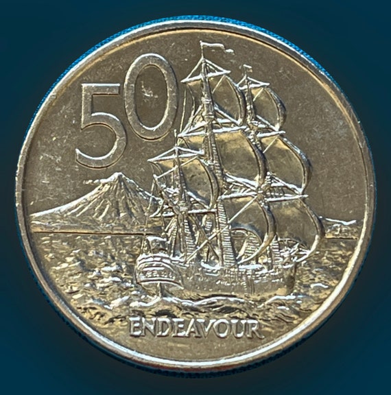 New Zealand Large 50 Cent Coin Featuring the Endeavour Ship on the