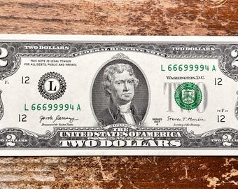 69 Special! ULTRA RARE Serial Numbered Two Dollar Bill (666 999