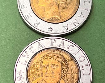 ITALIAN 500th Anniversary (1994) Pacioli COMMEMORATIVE 500 Lire Bimetal Coin—FREE Shipping!