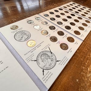 Może przedstawiać: Album do kolekcjonowania monet z wieloma stronami, prezentujący różne ćwierćdolarówki amerykańskie. Album ma gniazda na każdą monetę, z których niektóre są już włożone. Album jest otwarty, pokazując monety i ich szczegóły, w tym rok i stan.