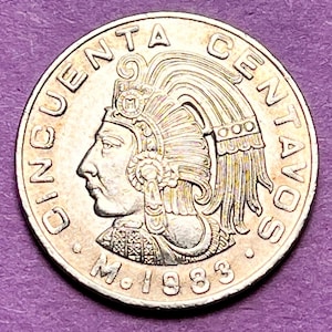 LAST YEAR (1983) Issue AZTEC Ruler 50 Mexican Peso Coin—High Grade/Shipping Included!