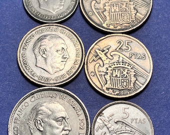 FIRST Year (1957) Issue Spanish (5/25/50) Pesetas Coin Trio Featuring General Cadillo and Herculean Escutcheon—Circulated/FREE Shipping!