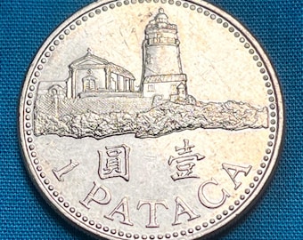 One MACAU Portuguese-Chinese Colony 1 Pataca/Yuan Vintage Coin Featuring Famous Guia Lighthouse—FREE Shipping/Various Years/Circulated Grade