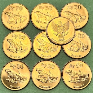 ONE Brilliant, UNCIRCULATED Indonesian Komodo DRAGON 50 Rupiah Coin—Last Year (1998) Issue/Shipping Included!