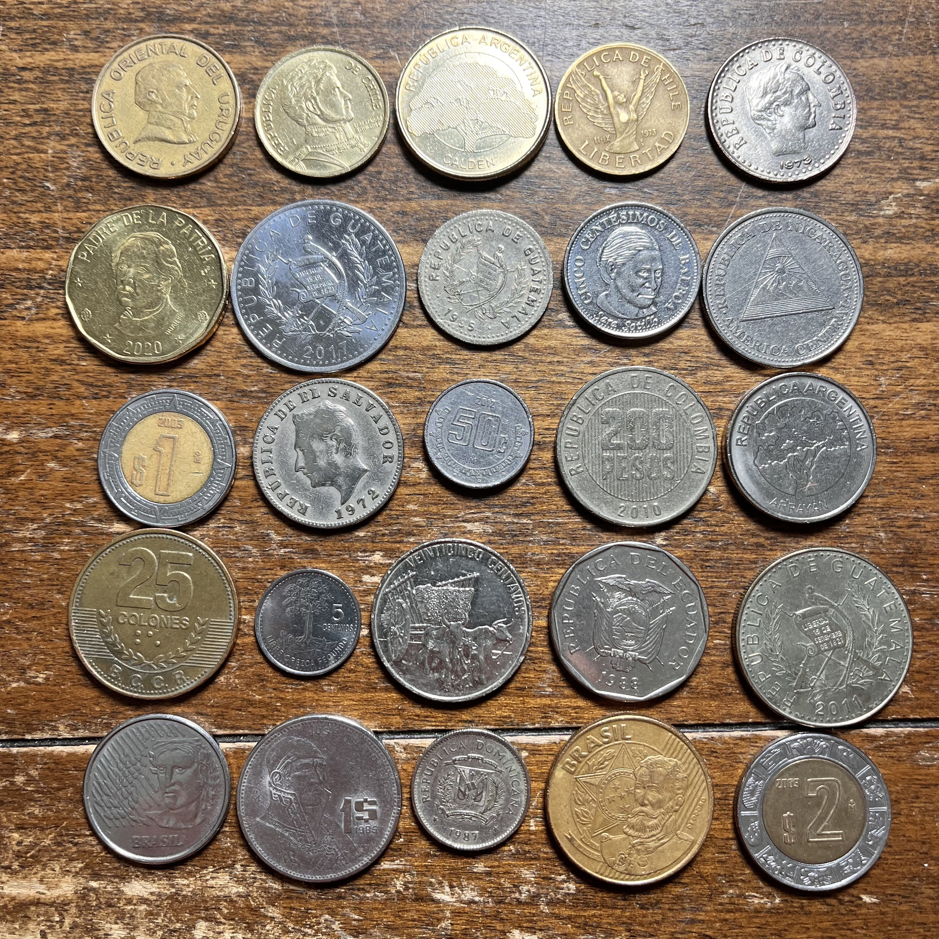 LATIN AMERICAN 25 Vintage Coins in a Drawstring Pouch—From Several Spanish-Speaking Countries!