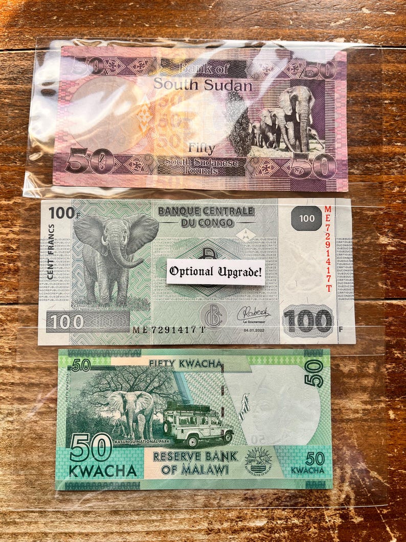 K&ouml;nnte beinhalten: Drei verschiedene Banknoten aus S&uuml;dsudan, Kongo und Malawi. Die s&uuml;dsudanische Banknote ist rosa und zeigt einen Elefanten. Die kongolesische Banknote ist gr&uuml;n und zeigt einen Elefanten. Die malawische Banknote ist gr&uuml;n und zeigt einen Elefanten und einen Gel&auml;ndewagen.