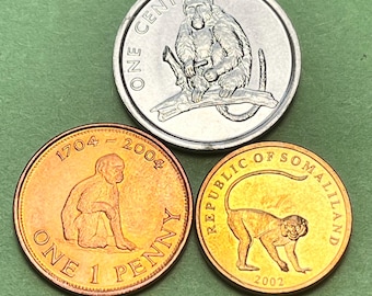 MONKEY Coin Trio from 3 Regions/Countries (Europe, Africa, Oceania)—All Single Year Issues: 2002, 2003, and 2004/FREE Shipping!