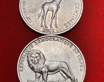 Congolese Lion & Giraffe Dual African Animal SINGLE Year Issue (2002) RARE Commemmorative Issue Coin—Low Mintage/FREE Shipping!