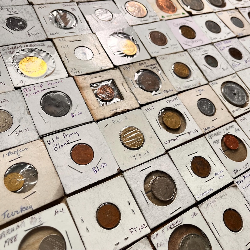 Random Coin Types BULK Lot of Random, VINTAGE, Carded/labeled World Coins—different ...