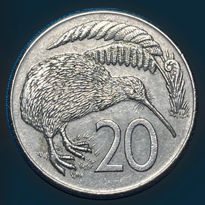 May include: A silver coin featuring a detailed depiction of a kiwi bird with a long beak and textured feathers. The number "20" is prominently displayed, indicating the coin's denomination. The coin has a detailed design and a circular shape.
