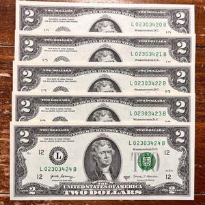 EXTREMELY LOW Serial Serial Numbered Two Dollar Bills (1 in 256 Chance Each, Read for Details) As Shown—FAST Shipping!