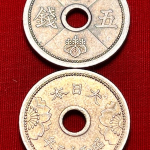 One Japanese WWII Era (1938-1940) Holed 5 Sen Coin Featuring Imperial Chrysanthemum Seal (Emperor Hirohito)—HIGH GRADE/Shipping Included!