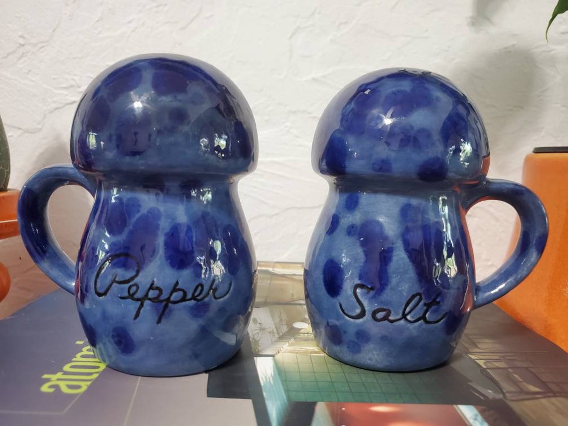 Vintage Blue Glaze Salt and Pepper Shakers With Handle Etsy