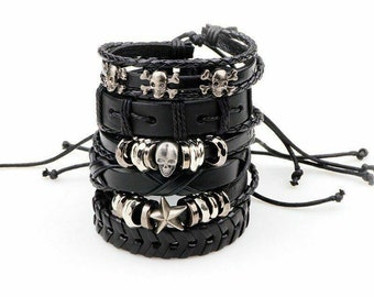 Charm Bracelet Sets Men Wristband Genuine Leather Jewelry Punk Braided Black New