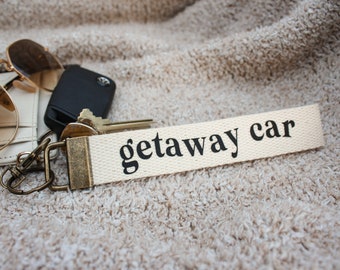 Personalized Getaway Car Keychain: Handmade Cotton Wristlet, Bronze Hardware