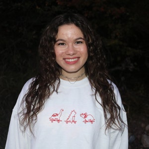 Embroidered Sweatshirt with Dinosaur Riding Skateboards Red and White Crewneck