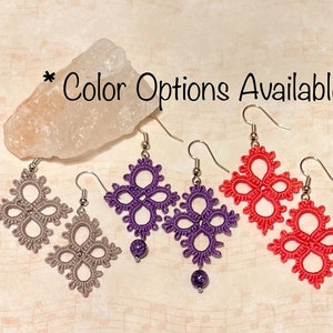 Handmade Tatting Frivolite Earrings, Tatted jewelry, Handmade Cotton Earrings with Beads, Tatting earrings, Light Earrings with Stone