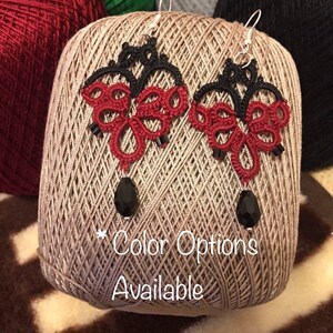 Handmade Tatting Frivolite Earrings with Glass Stone, Tatted jewelry, Handmade Cotton Earrings with beads, Dangling earrings, Tatting