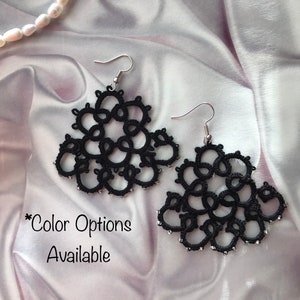 Handmade Tatting Frivolite Earrings, Handmade Cotton Earrings with beads, Tatted earrings, Light earrings, Big lace earrings