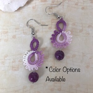 Handmade Tatting Frivolite Earrings, Tatted earrings, Handmade Cotton Earrings with stones, small earrings