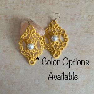 Handmade Tatting Frivolite Earrings, Tatted earrings, Handmade Cotton Earrings with stones, large fancy earrings
