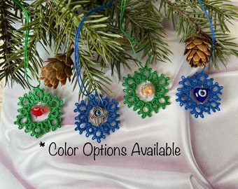 Mini Christmas Tree Tatted Ornaments, Small Christmas Tree Hanukkah Decorations, Winter Holiday Garland