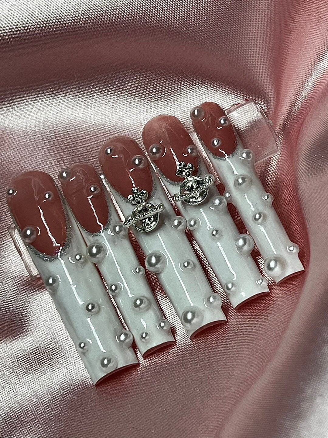Press on Nails White French Tips With Pearls Reflective - Etsy