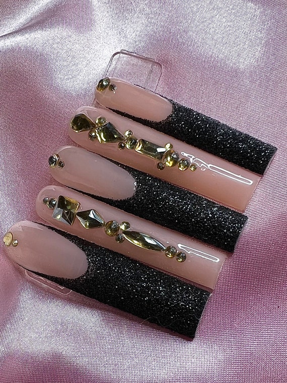 Press on Nails Black French Tips With Gold Bling - Etsy