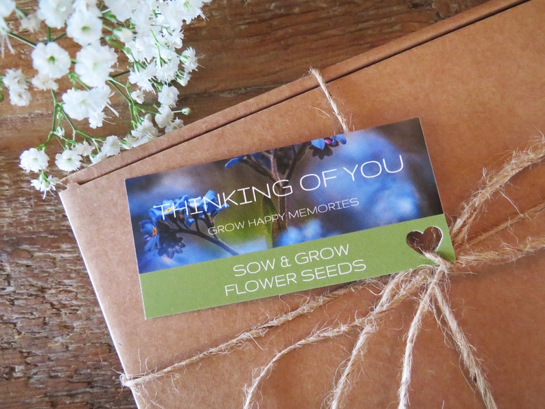 Op de afbeelding: Een bruine kartonnen doos omwikkeld met touw met een rechthoekig label met blauwe vergeet-mij-nietjes en de tekst THINKING OF YOU, GROW HAPPY MEMORIES, en SOW & GROW FLOWER SEEDS. Een kleine hartvormige uitsparing is zichtbaar op het label.