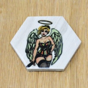 NSFW Angel woman in lingerie hexagon ceramic tile magnet, badass bitch magnet, huntress magnet, lingerie corset magnet, housewarming gift