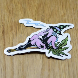The High Witch on her broom vinyl sticker, weed sticker, joint sticker, witch sticker, cannabis sticker, female smoking sticker