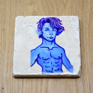 Brooding shirtless Elf Fae male Stone Coaster, NSFW drink coaster, shirtless coaster, housewarming gift