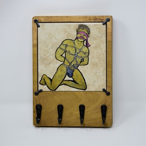 NSFW Shibari tied up submissive male Wooden Key Rack for with Changeable Art Tiles, Entryway Organizer, Rack with Hooks, Key Holder