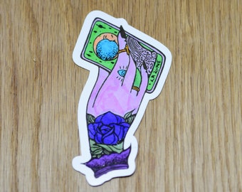 Tattooed hand holding tarot card vinyl sticker, witchy sticker, halloween sticker, creepy sticker, weird sticker, wiccan sticker