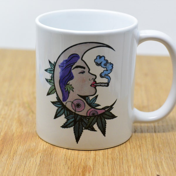 Smoking Lunar Goddess mug, 11 oz coffee cup, weed marijuana drink ware, house wares