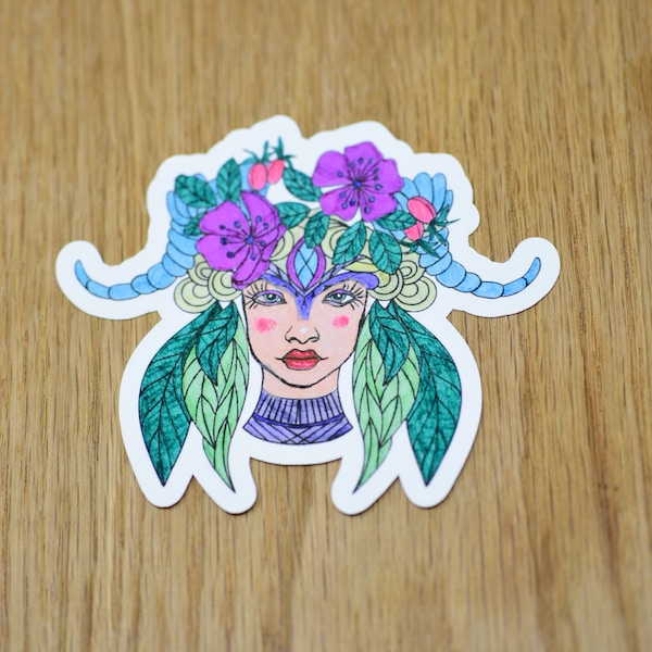 Serene Forest Nymph female vinyl sticker, badass bitch sticker, cool female sticker, flower sticker, Fae elf sticker