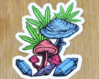 Pegatina de vinilo Weed Leaves Crystals Mushrooms, pegatina de hongos, pegatina de micología, pegatina de chibi kawaii, pegatina de bruja mágica