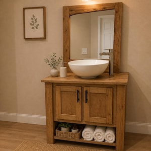 May include: A wooden bathroom vanity with a white, round sink and a large mirror. The vanity has two doors, a lower shelf with rolled towels, and a small woven basket. A framed botanical print hangs on the wall.