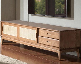 Wooden TV Stand with Rattan Doors – Mid Century Modern Media Console Cabinet