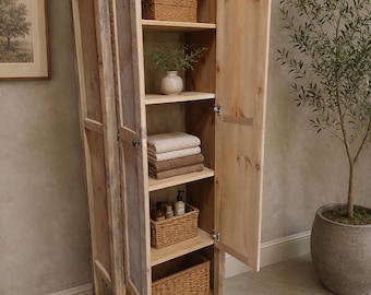 Rustic Reclaimed Pine Barnwood Linen Cabinet – Farmhouse Storage Cabinet with Open Shelf