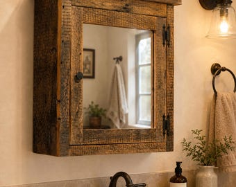 Rustic Barn Wood Medicine Cabinet with Mirror – Handmade Farmhouse Bathroom Wall Cabinet