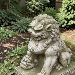 May include: A weathered, stone-colored Foo Dog statue with intricate details. The statue features a lion-like appearance with a curly mane, detailed paws, and a decorative collar. It is set on a square base and placed outdoors among greenery.