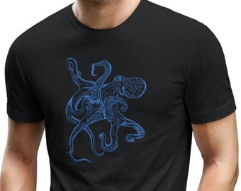 T-Shirt Man Sea Graphic Squid Diving Motif Octopus Men's T-Shirt