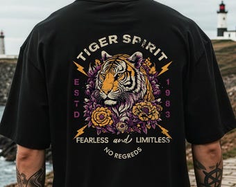Zwaar oversized vintage shirt, T-shirt in Aziatische stijl, tijger- of samurai-look, streetwear met Aziatisch motief, cadeau voor mannen, vintage