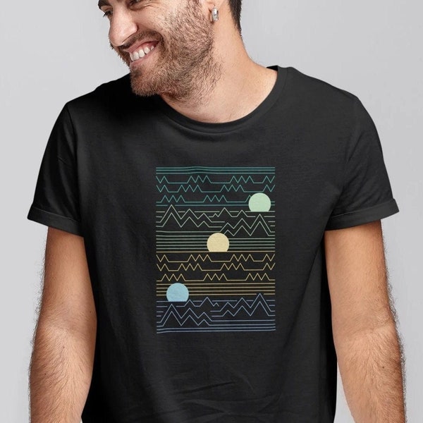 Geometrischer Sonnenuntergang T-shirt Herren Natur Tshirt Grafik Linear Shirt Mann Geschenk Sonne Minimalistisch